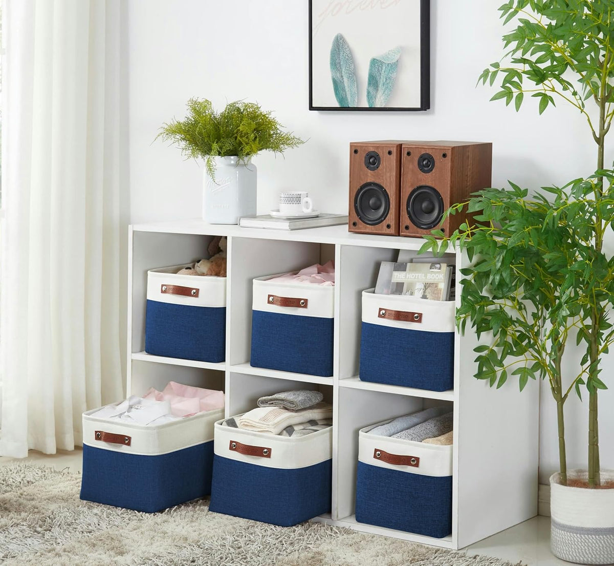 DECOMOMO Storage Baskets for Shelves - Fabric Storage Bins, Linen Closet Organizers and Storage (Navy Blue & White, Large - 3 Pack)