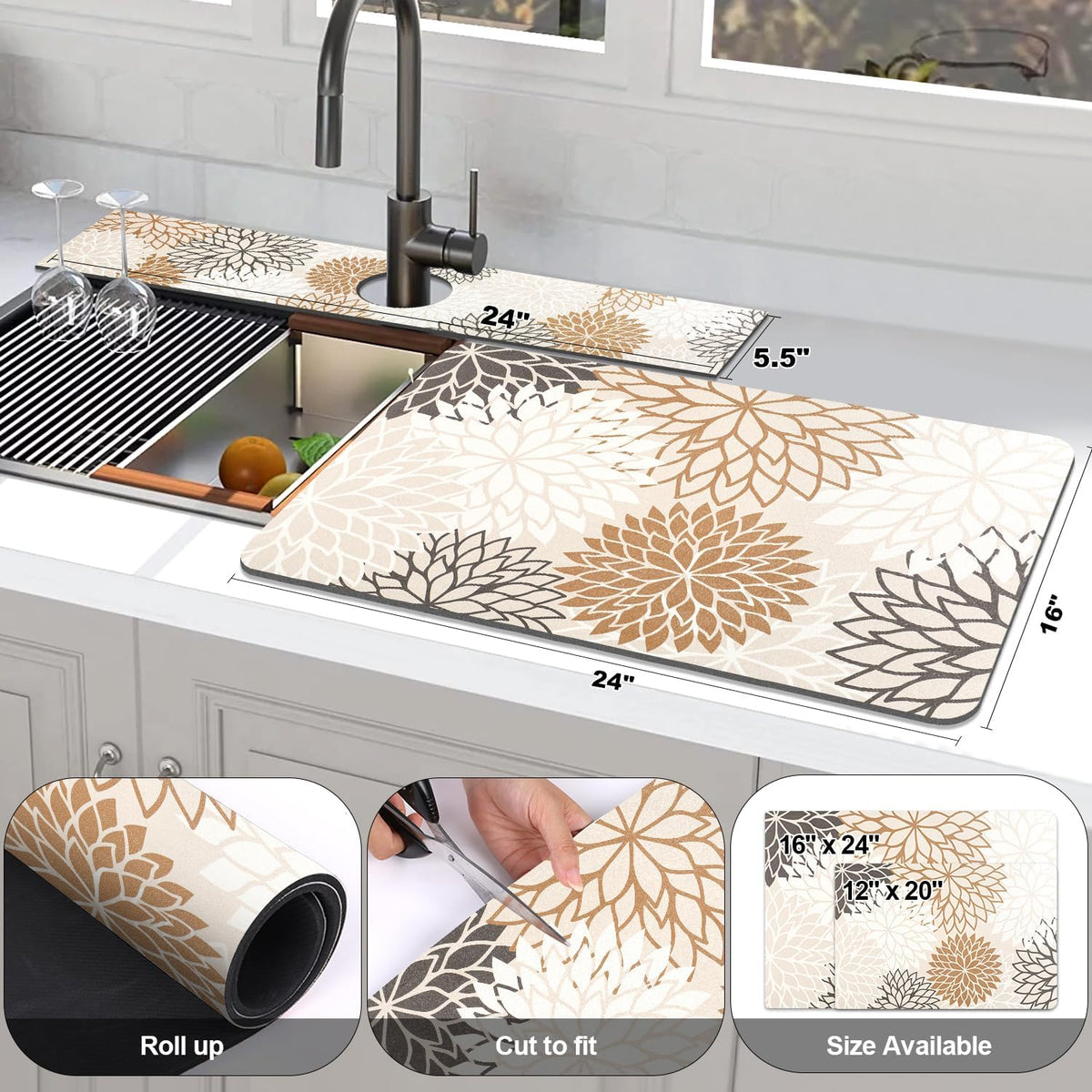 Findosom 2PCS 16" x 24" Dish Drying Mat & 24" x 5.5" Sink Splash Guard, Super Absorbent & Cuttable Dish Mat Drying Kitchen Mat with Brown Floral, Hide Stain Drying Mat for Kitchen Counter