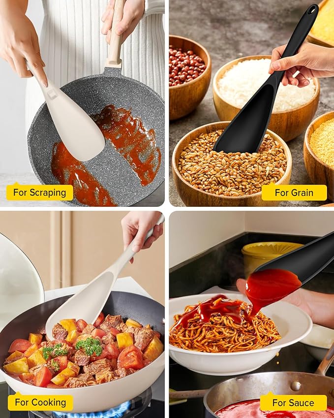 Pack of 2 Cooking Spoons for Non Stick Cookware, Multifunction Spatula Spoon BPA-Free, One-Piece Design, Suitable for Scooping, Scraping, Serving and Mixing(BLACK-KHAKI)