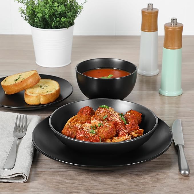 Gibson Home Queenslane 16-Piece Matte Black Stoneware Dinnerware Set – Double Bowl Plates and Bowls, Durable Kitchen Dinner Set