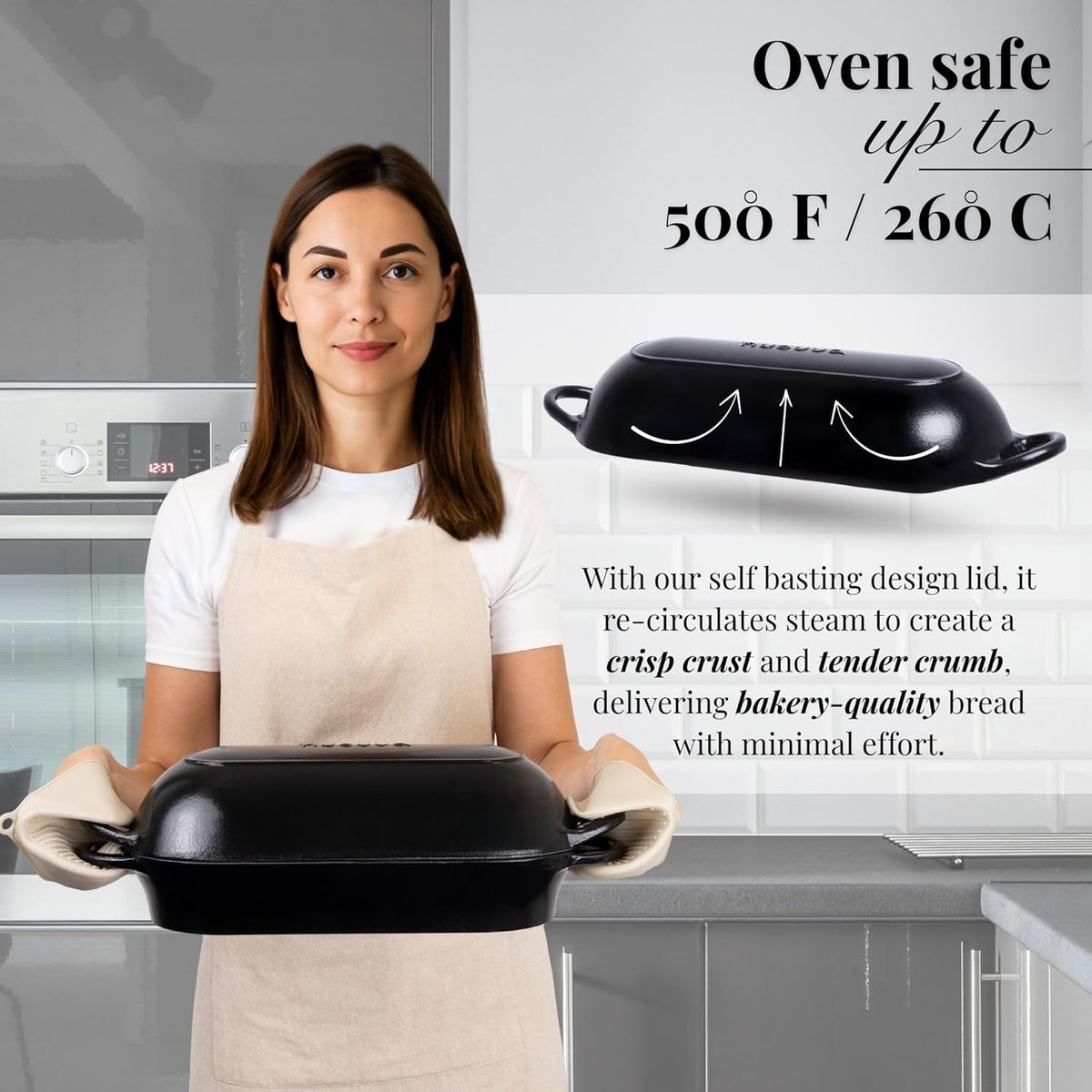 Enamelled Cast Iron Bread Loaf Pot – Dutch Oven For Sourdough Bread Baking – Oven Safe Non Stick Bread Pot – Rectangular, Black, 34cm x 16cm – by Nuovva