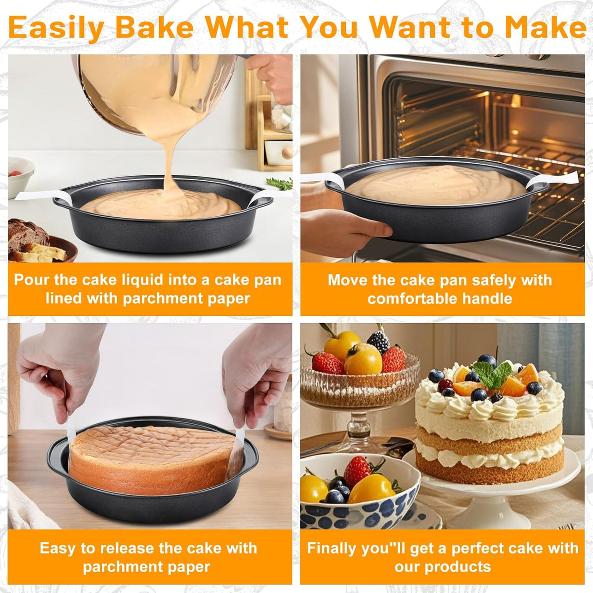 8 Inch Cake Pan - 3PCS Carbon Steel Round Cake Pans with 100 Pieces Parchment Paper, Non-stick & Easy Demolding, Non-toxic & Healthy