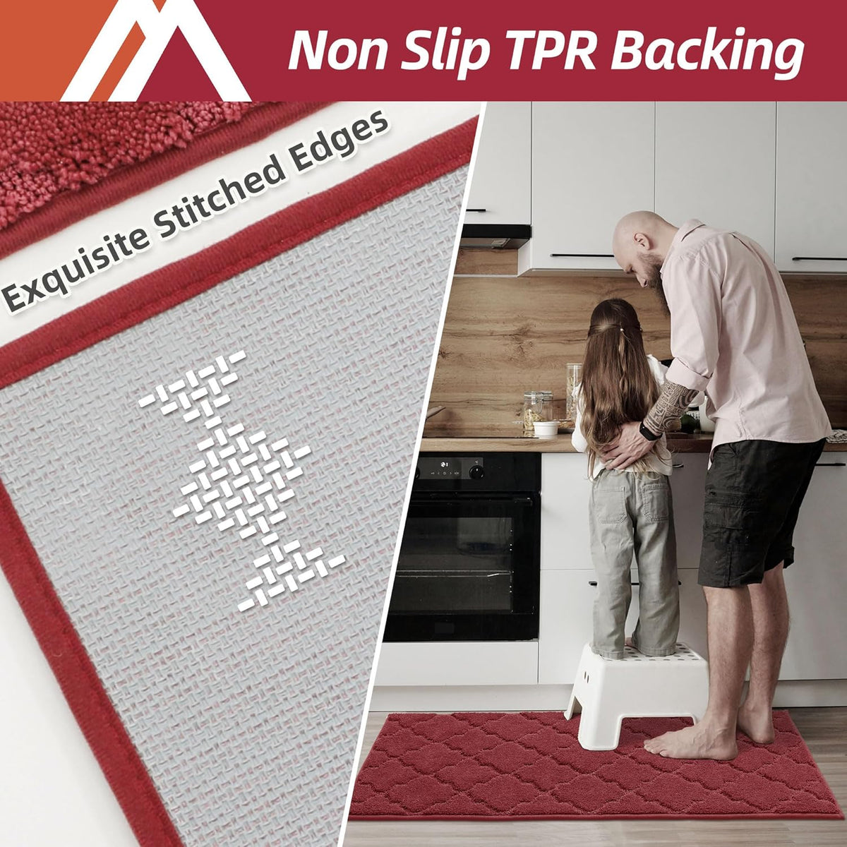 COSY HOMEER Soft Kitchen Rugs [2 PCS] for in Front of Sink Super Absorbent Kitchen Floor Mats and Mats 20x30 Inch/20X48 Non-Skid Kitchen Mat Standing Mat Washable,Polyester,Red