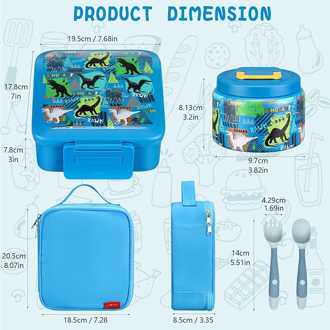 Bento Lunch Box for Kids With 8oz Soup thermo,Leak-proof Lunch Containers with 5 Compartment,thermo Food Jar and Lunch Bag, Food Containers for School (A-Blue(Dinosaur))