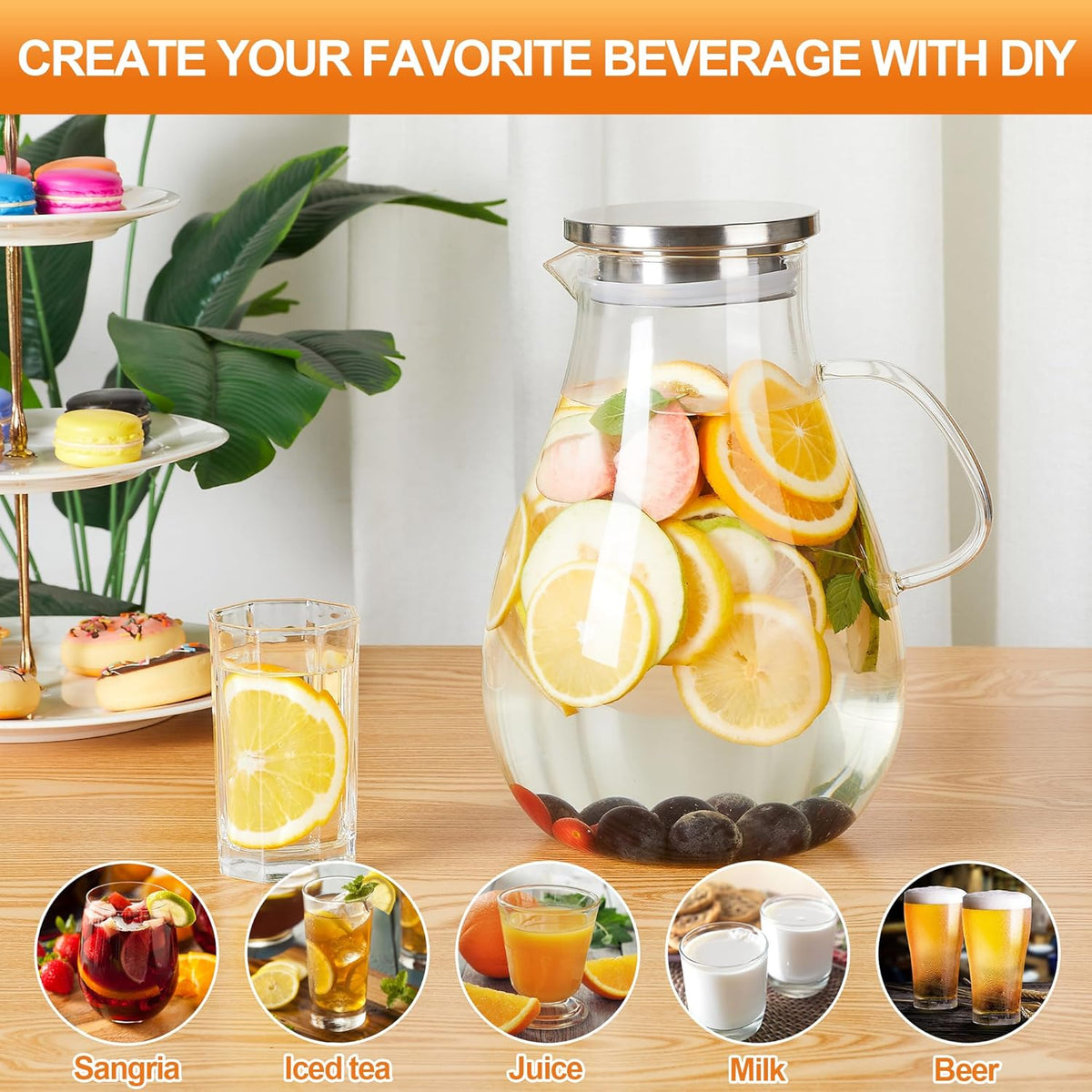Glass Pitcher with Lid,1 Gallon Glass Water Pitcher Hot/Cold Water Jug, Juice and Iced Tea Beverage Carafe with Lid (Extra-Wide Mouth)