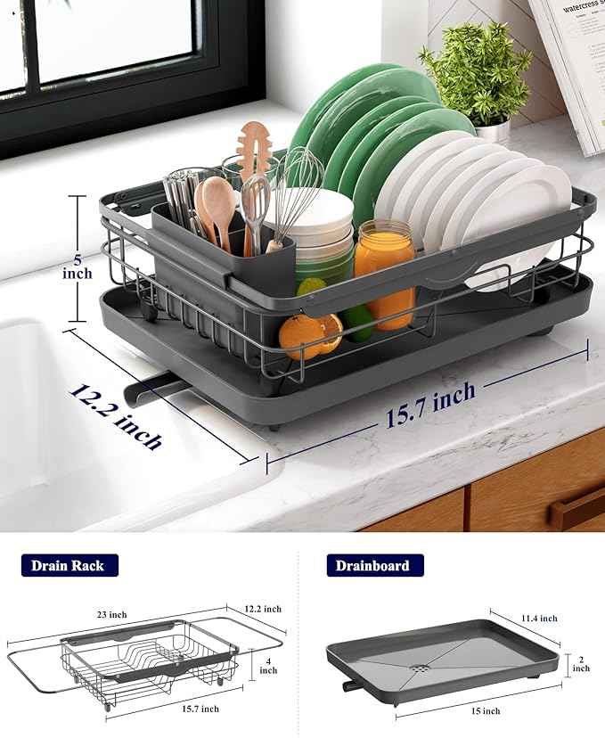 Kitsure Dish Drying Rack for Kitchen Counter, Stainless Steel Sink Organization and Storage Essentials with Cutlery Holder, Home and Appartment Decor, 12.2''W x 15.7''~23''L, Grey