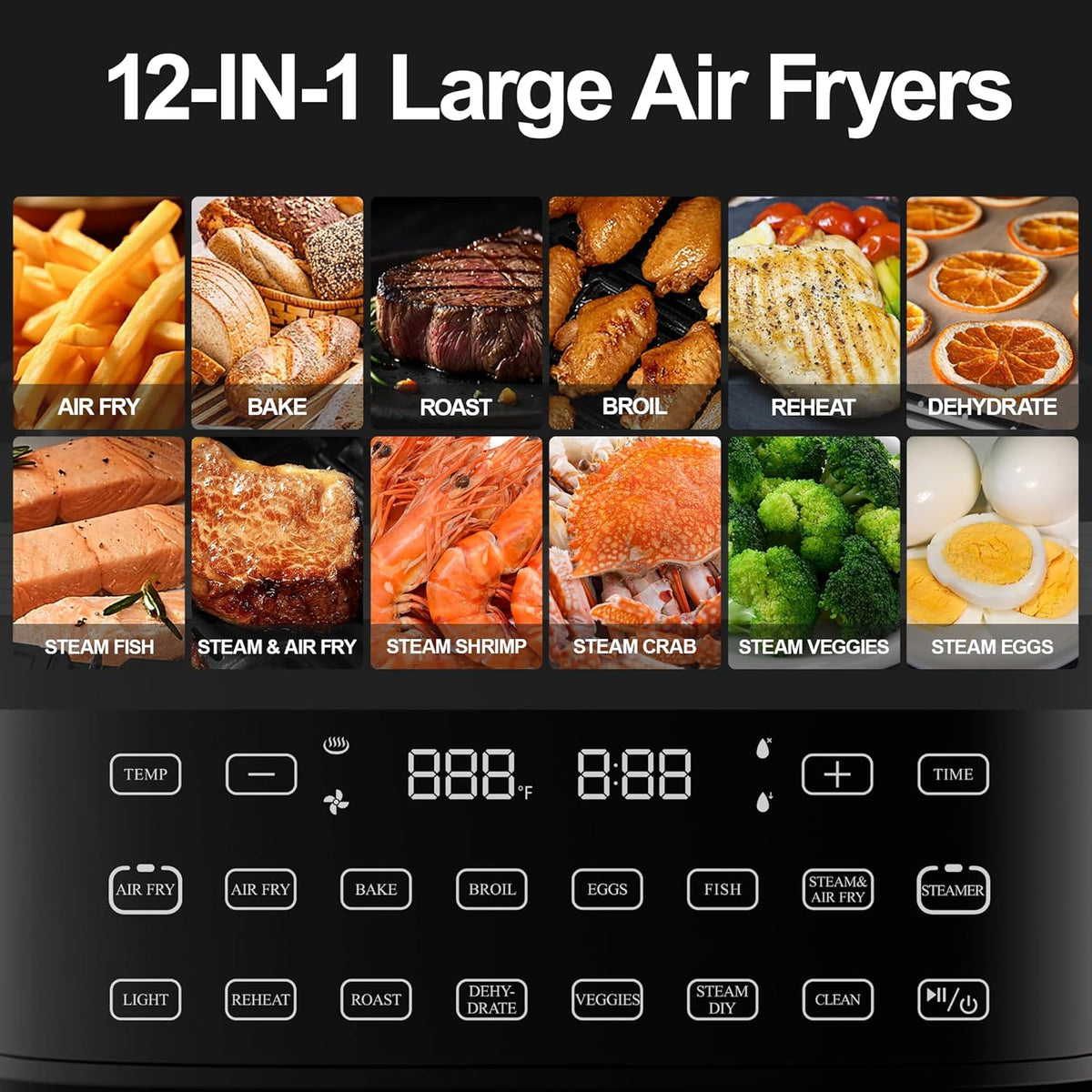 Steam Air Fryer, Non Toxic,12-IN-1 Large Air Fryers with Superior Airflow, Self-Cleaning Smart Digital Fryer, Air Fry, Roast, Reheat, Dehydrate, Air Crisp Technology with 420F for Hot, 7.5 QT