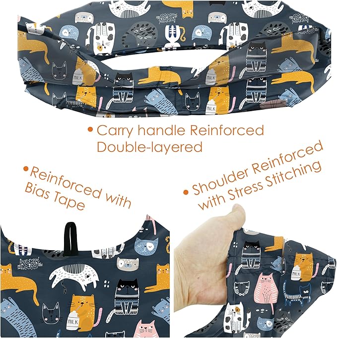 BeeGreen 6 Pack Cats Reusable Grocery Bags Gifts for Cat Lovers with Elastic Band Reusable Shopping Bags Bulk 50LBS X-Large Foldable-Machine Washable-Heavy Duty