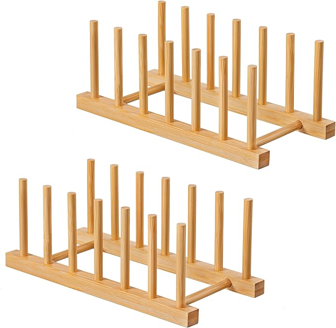 HBlife 2pcs Bamboo Dish Plate Bowl Cup Book Pot Lid Cutting Board Drying Rack Stand Drainer Storage Holder Organizer Kitchen Cabinet（Keep Dry）