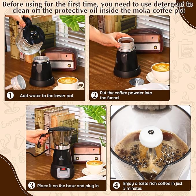 Electric Espresso Maker Transparent Coffee Maker Electric Moka Pot Portable Aluminum Espresso Machine Italian Moka Pot with Detachable Base, Coffee Gift for Women Men Home Travel(Black,6 Cup)
