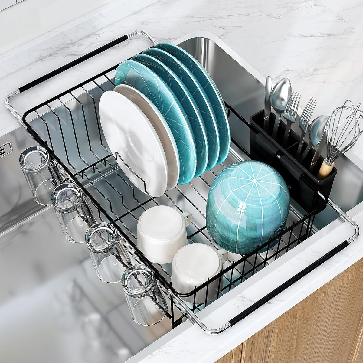 Over The Sink Expandable Dish Drainer Drying Rack in Stainless Steel for Small Kitchen, Counter Space Saving Modern Compact Metal Above Plate Dryer Strainer, Adjustable Hanging Inside Drain Holder