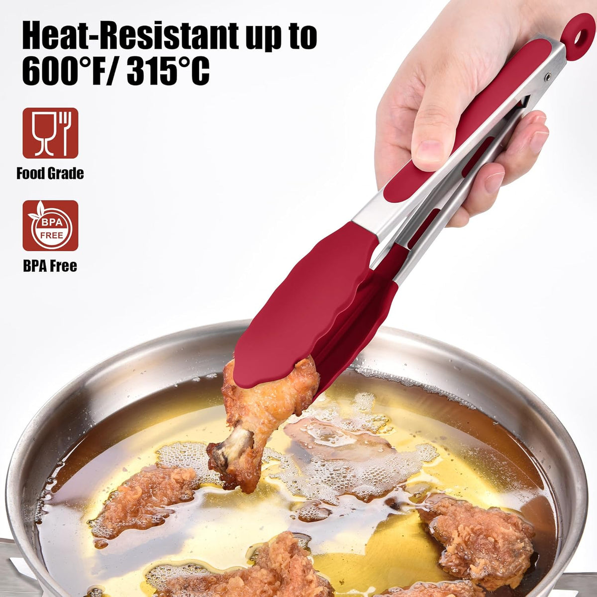 Doosu Kitchen Tongs for Cooking - 600°F Heat Resistant Food Tong with Non-Scratch Silicone Tips, Heavy Duty Stainless Steel Locking Tong for BBQ, Grilling Steak, Serving Salad, Pasta (9in, Red)