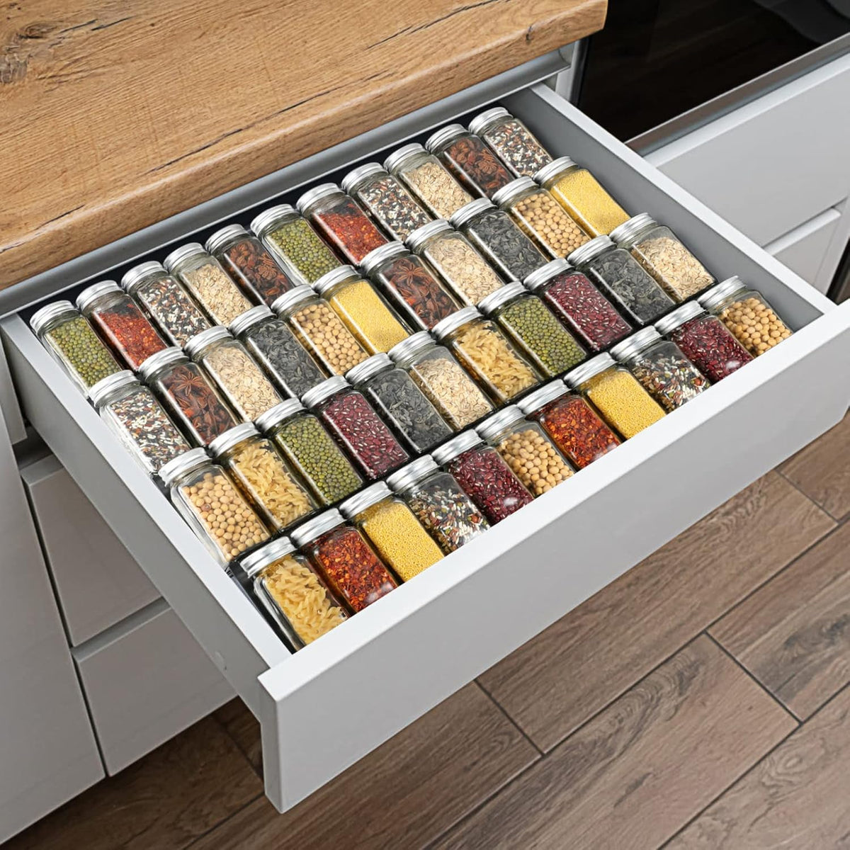 Spice Drawer Organizer, 4 Tier- 8Pack Clear Acrylic Drawer Spice Rack, Spice Organization for Drawer,Spice Rack for Kitchen Drawers (Expands from 11'' to 22'')