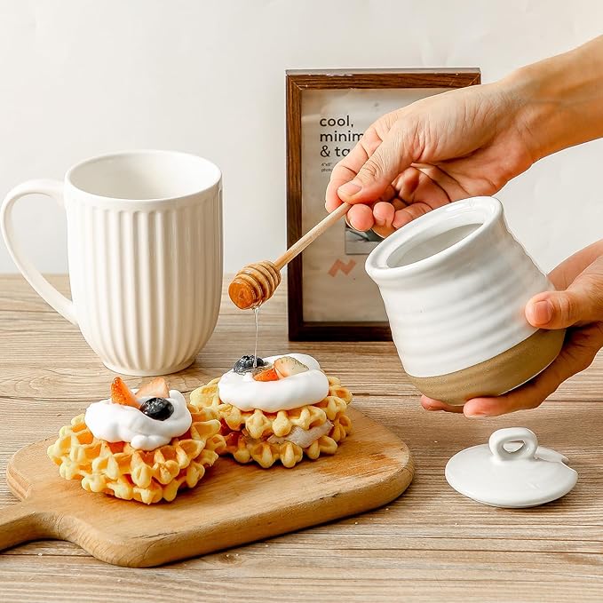 HASENSE Ceramic Honey Pot with Lid and Dipper Stick, 12 Ounce HoneyJar Dish for Home Kitchen, Farmhouse Honey Container for Mother's Day Gift, Dishwasher Safe, White