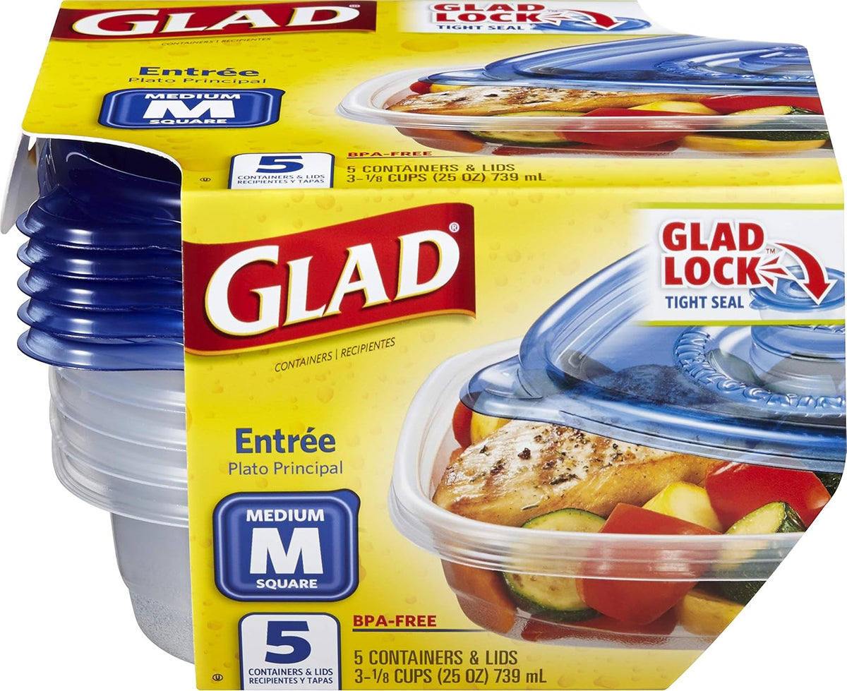 Glad Entrée Food Storage Containers, Medium Square (25 Oz) - 5 Count, Standard