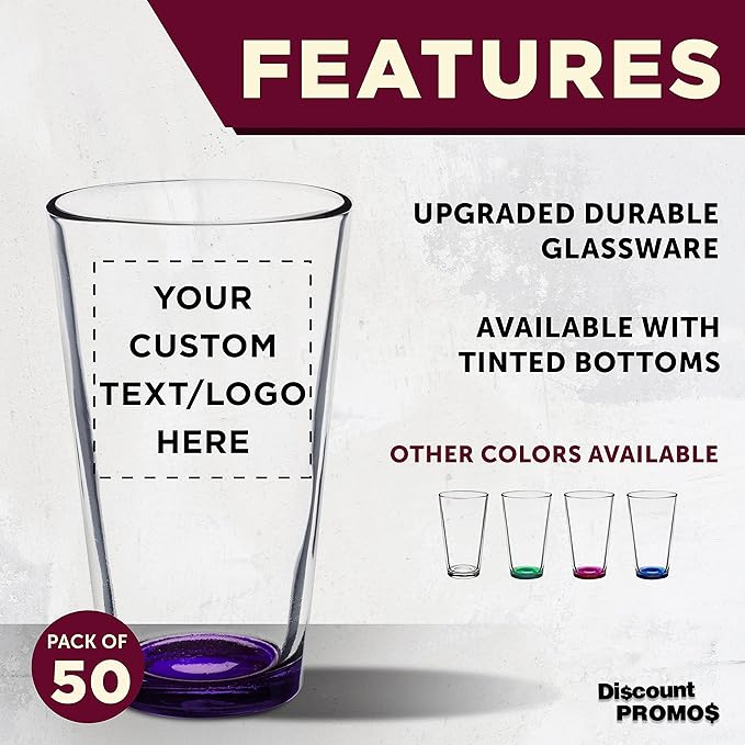 Custom Arc Pint Glass 16 oz. Set of 50, Personalized Bulk Pack - Beer Glasses, Heavy Duty Drinkware - Purple