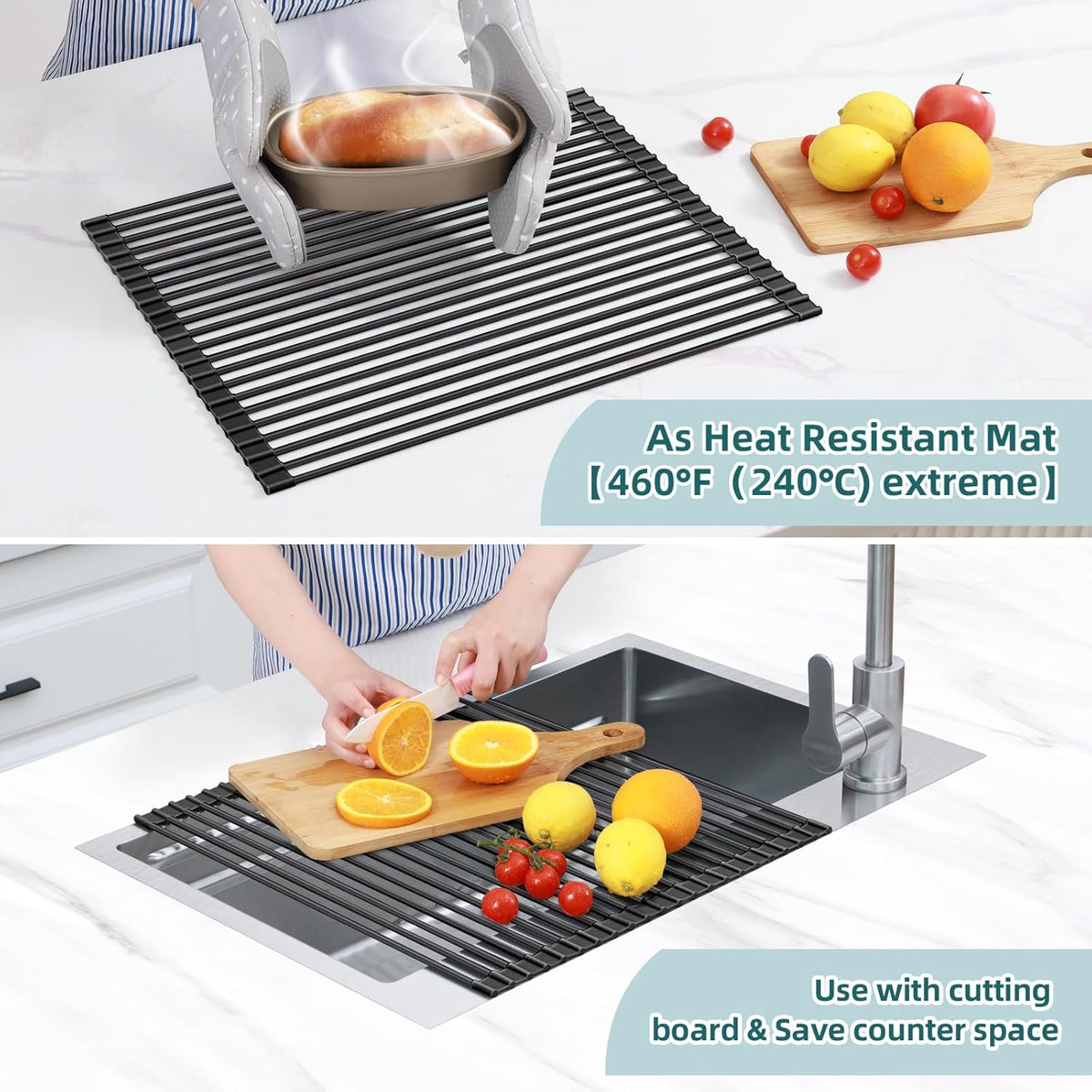 Ohuhu Over The Sink Dish Drainer Drying Rack, 17.6" W x 15.4" L Roll Up Dish Racks Kitchen Sink Organizer Silicone Wrapped Large in Sink Dish Drying Rack Foldable Rolling Drain Mats Anti-Slip