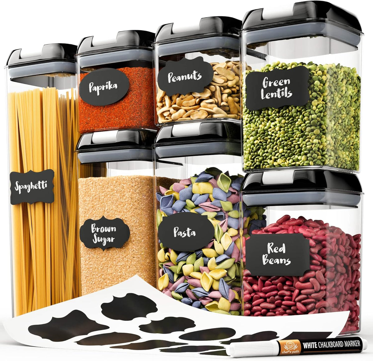 Chef's Path - Set of 7 Airtight Food Storage Containers for Kitchen Storage - Clear Plastic - Durable Strong Lids - Labels and Chalk Marker