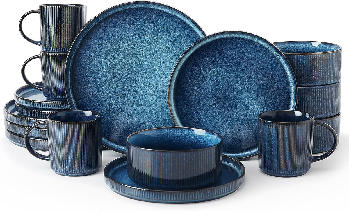 Famiware Star Dinnerware Set with Mugs, Service for 4 (16pcs), Ribbed Stoneware Plates and Bowls Dishes Sets - Chip & Scratch Resistant, Microwave & Dishwasher Safe, Nebulas Blue