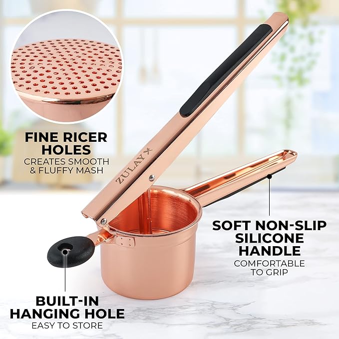 Zulay Kitchen Premium Large 15oz Potato Ricer, Heavy Duty Professional Stainless Steel Potato Masher and Ricer Kitchen Tool, Press and Mash Kitchen Gadget - Rose Gold