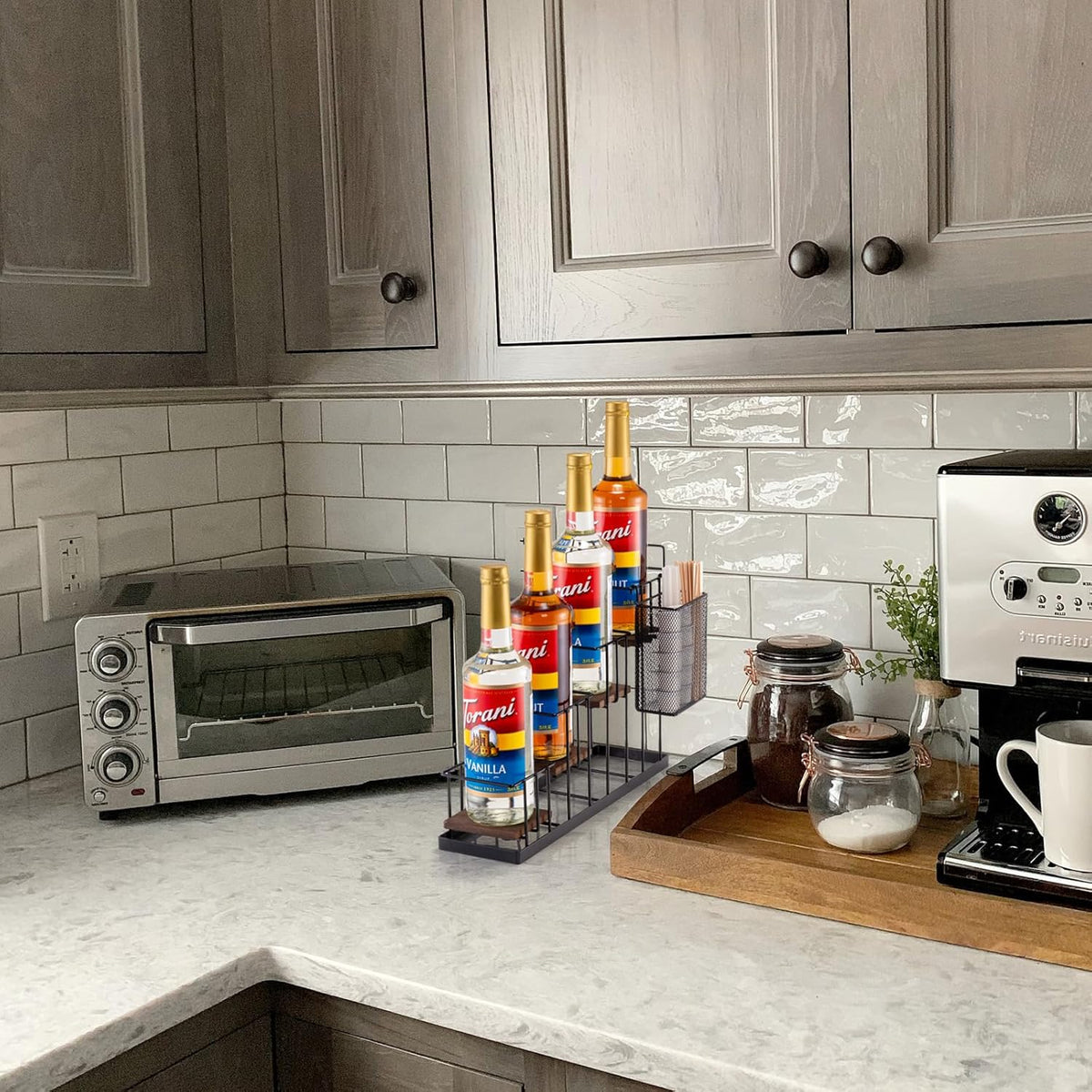 Coffee Syrup Rack Organizer, with Rustic Wood Holder Coffee Station Bar Accessory for Syrup, Wine, Dressing Bottle Countertop Display Storage Stand for Kitchen with Basket and Hooks Holds 4 Bottles