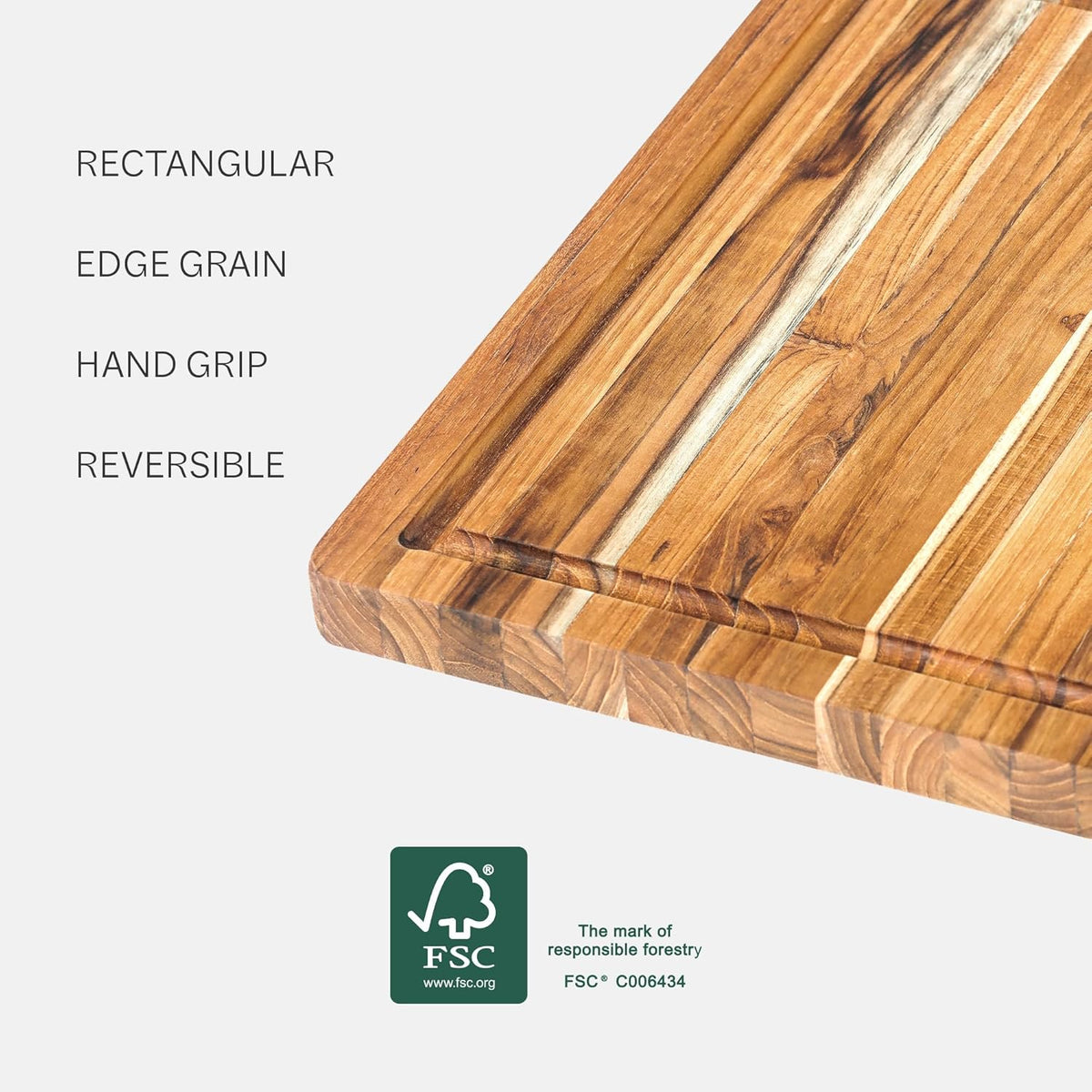 Teakhaus Cutting Board - Small (S) Wood Cutting Board with Juice Groove and Grip Handles - 14”L x 10”W - Thin, Lightweight, Reversible Teak Edge Grain Wood - Knife Friendly - FSC Certified