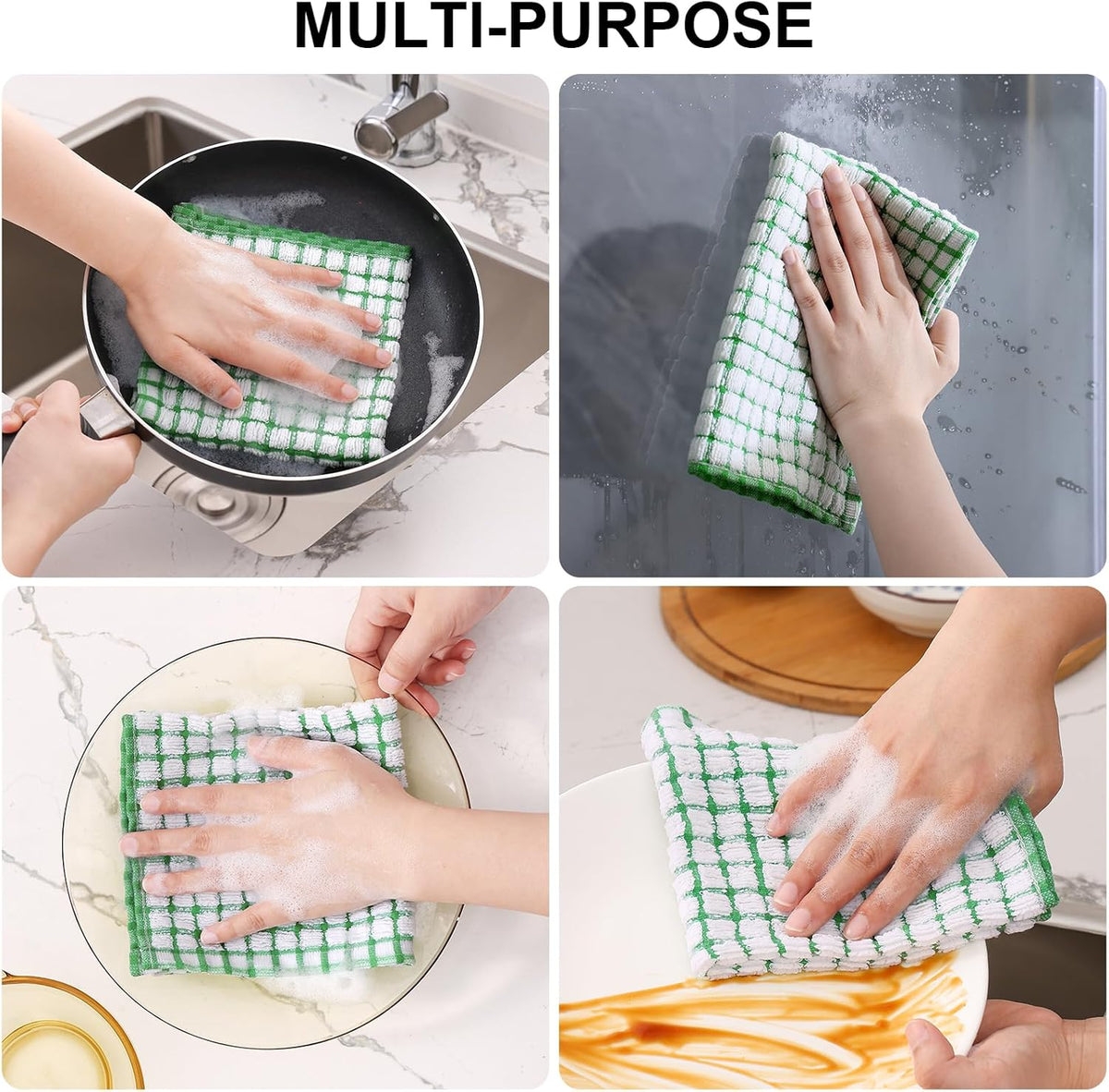 Kitinjoy Cotton 8 Pack Terry Kitchen Dish Cloths, 12 x 12 Inches Super Soft and Absorbent Dish Rags, Quick Drying Dish Towels for Washing Dishes, Green