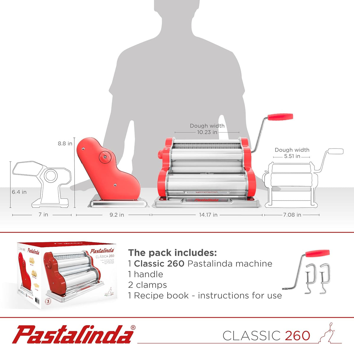PASTALINDA Classic 260 Pasta Maker Machine, 26 cm Wide Rollers, 9 Thickness Positions, 2 Cutting Positions, Stainless Steel. Includes Reinforced Hand Crank And Two Clamps (Coral)
