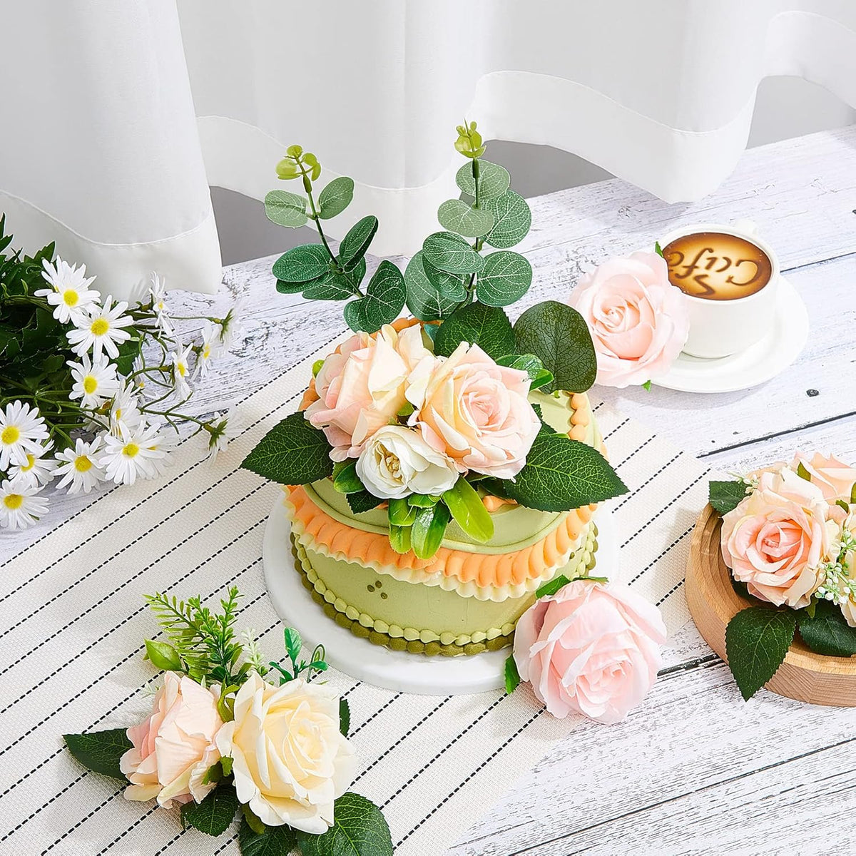 Taiyin 9 Pcs Flower Cake Topper Boho Cake Decorations Eucalyptus Flowers Floral Decorations for Women Wedding Birthday Party Anniversary(Light Pink)
