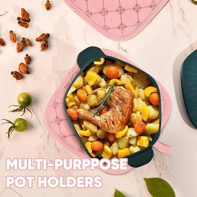 Oven Mitts Kitchen Towels Dishcloths with Pot Holders Sets 12PCS, Dish Towels Sets, Oven Gloves Pot Pads Heat Resistant 500 Degrees with Non-Slip Silicone Surface for Cooking Baking Grilling-Pink