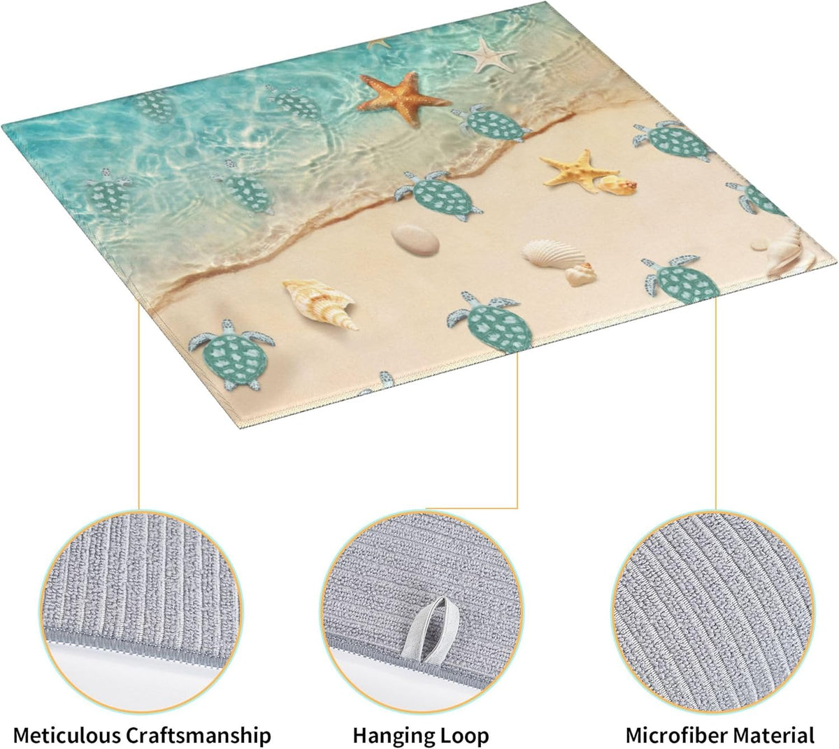 Sea Turtles Beach Dish Drying Mat for Kitchen Counter Washable Absorbent Reversible Microfiber Teal Nautical Decor Drying Pad Kitchen Accessories 16x18 Inch Yellow