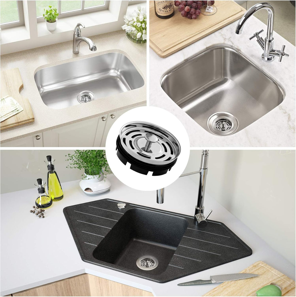 CLEESINK Kitchen Sink Strainer and Stopper Combo for Standard 3-3/8 Inch Drain