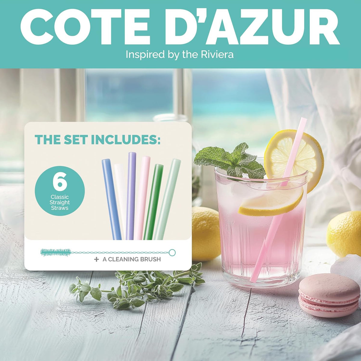 Simply Straws 6 Inch Glass Straws Straight (6-Pack) – Reusable Glass Straws for Low Balls & Stemless Glasses, with Cleaning Brush – Dishwasher Safe, Hot & Cold Use, BPA-Free (Cote d'Azur)