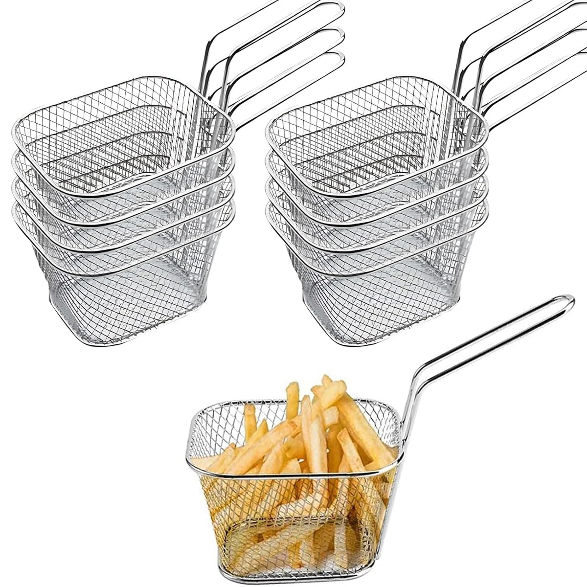 8 Pcs Mini Square Fry Baskets, 4.13×3.3×2.5inch Stainless Steel Fry Basket with Handle Steel French Fry Chip Basket French Fries Desk Food Presentation Mesh Basket Kitchen Cooking Tool