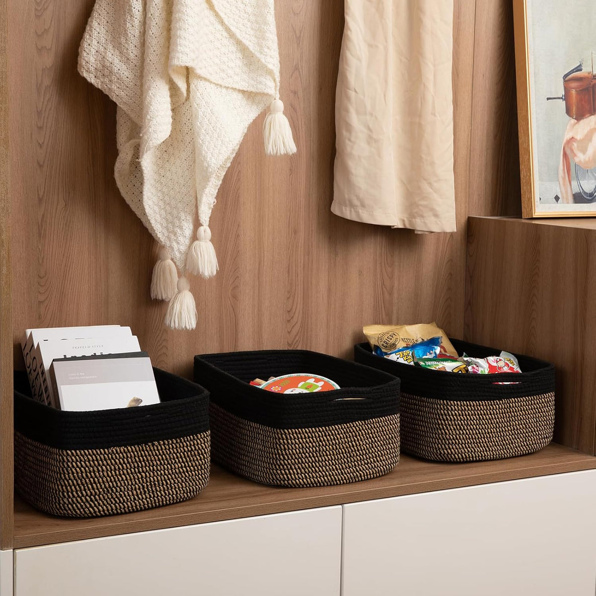 Storage Baskets for Organizing 3 Pack, Woven Baskets for Shelves, Closet Organizer Bins Empty Gift Basket Toy Storage for Toys, Books, Towels, Clothes, 15"x11.42"x6.7", Black & Yellow