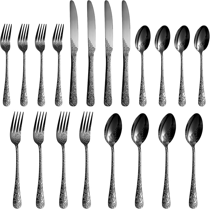 Floral 20 Pcs Black Silverware Set for 4, Food Grade Stainless Steel Flatware Set with Rose Flower Embossed Design, Eating Utensils Sets Include Fork/Knife/Spoon, Reusable Cutlery Set, Dishwasher Safe