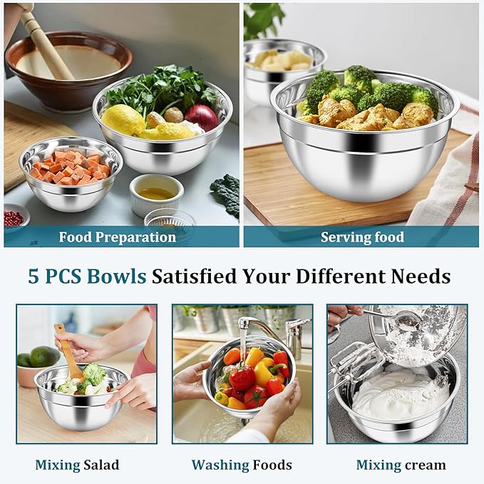 P&P CHEF Mixing Bowls with Visible Airtight Lids Set of 5, 10-Piece Stainless Steel Mixing Nesting Bowl, Metal Bowl with Lid for Kitchen Prepping & Storing, Size 4.6, 3, 1.5, 1, 0.7 QT, Blue