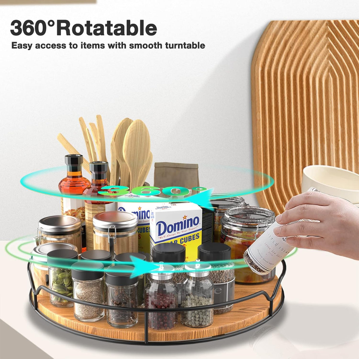 Lazy Susan Turntable Organizer with Anti-Slip Mat for Cabinet Pantry Kitchen Countertop Refrigerator Office, Pine Wood, 13", Carbonized Black