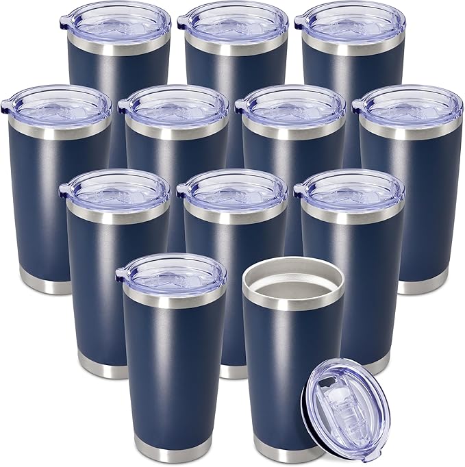 20 oz Tumbler Coffee Travel Tumblers Bulk with Lid Stainless Steel Double Wall Vacuum Insulated Mug Powder Coated Cups fit Car Cupholder for Hot and Cold - Navy, 12Pack