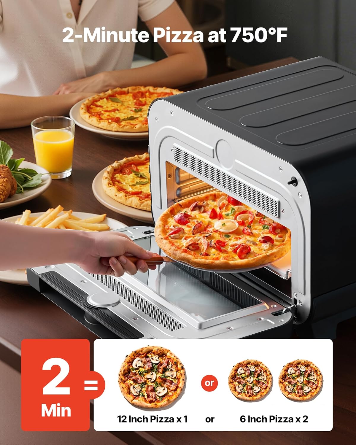 VEVOR Pizza Oven, 8 Presets Electric Pizza Ovens Air Fry Combo, 12-Inch Indoor Pizza Maker Smart Knob Control, 750°F Max Temp, IPX4 Waterproof Countertop Pizza Cooker w/Pizza Stone,Fry Basket