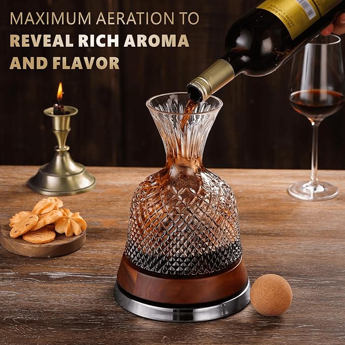 Rotating Wine Decanter Set with Solid Wood Base, Fun Crystal Glass Wine Carafe, Red Wine Decanter, Wine Accessories, Wine Gifts, Perfect for Home Bar (Silver Accents)