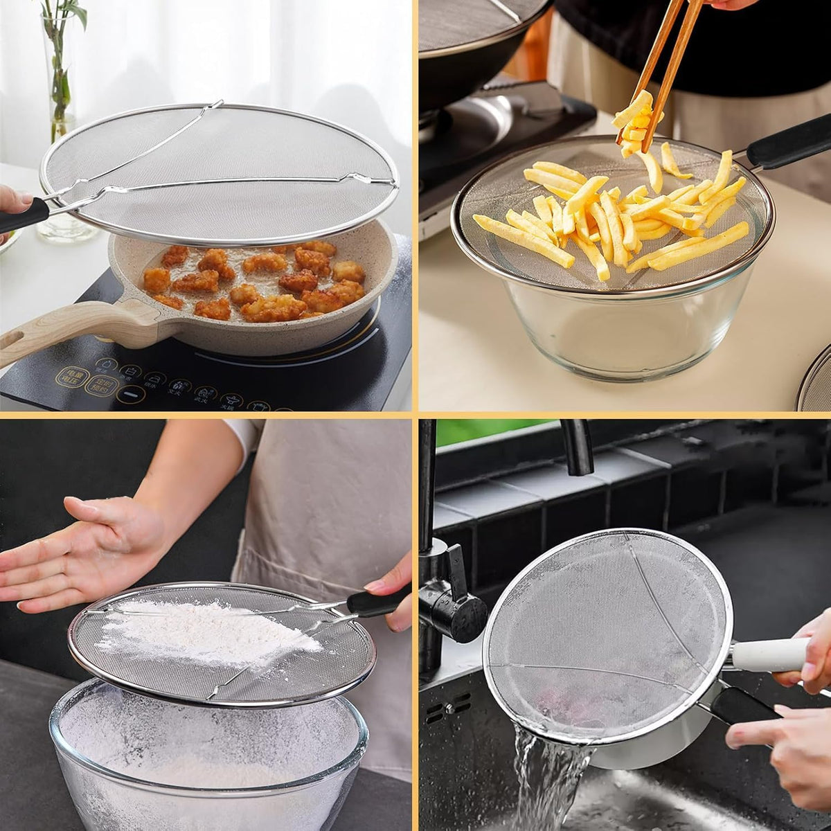 Splatter Screen for Cooking - Stainless Steel Grease Splatter Guard for Frying Pan, Ultra Fine Mesh Lids Set of 3(9.8", 11.4", 13")