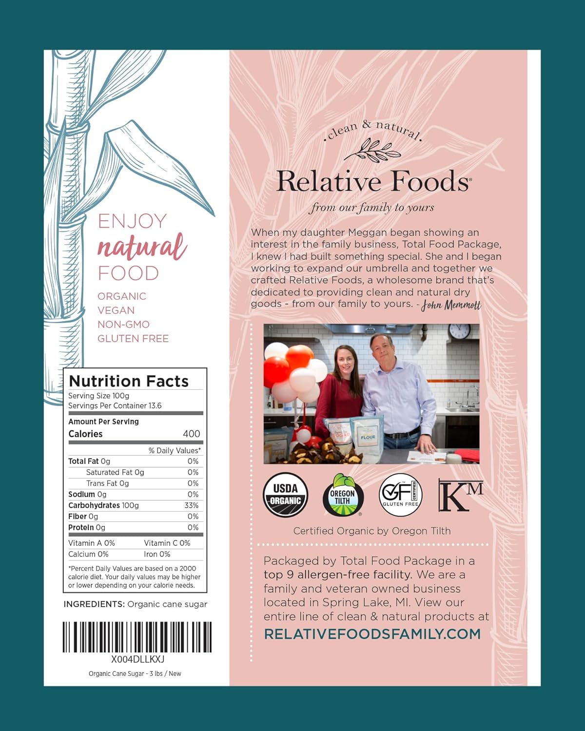 Organic Cane Sugar Crystals (3lb sugar packet) - Preservative & bone-char free, vegan food sugar substitute, gluten free, Non-GMO, fine natural sugar sweetener for cooking, beverages, & more