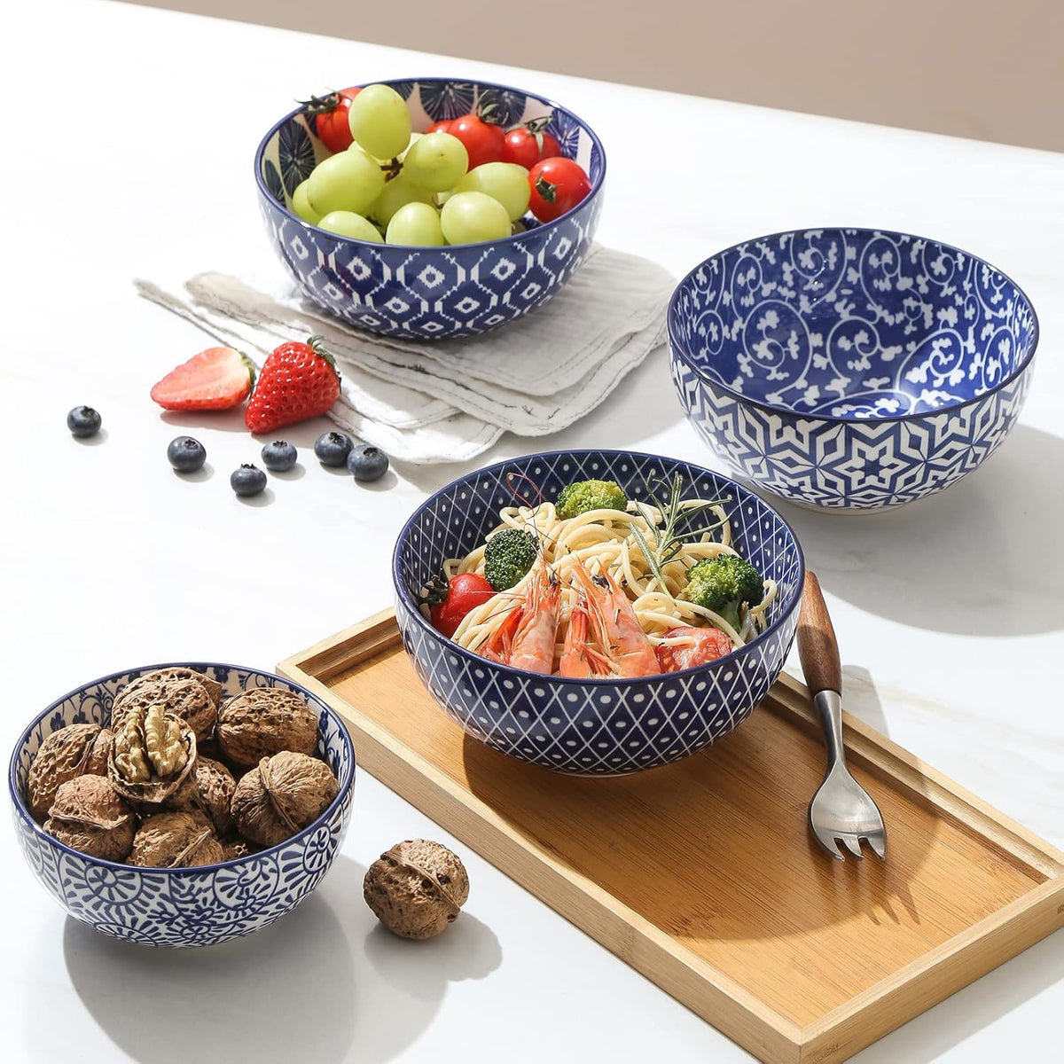 Selamica Ceramic Cereal Bowls Set of 6, 24 Oz Deep Soup Bowls for Kitchen, 5.9 Inch Porcelain Dessert Bowls for Salad, Pasta, Oatmeal, Ramen, Microwave Dishwasher Safe, Set of 6, Vintage Blue