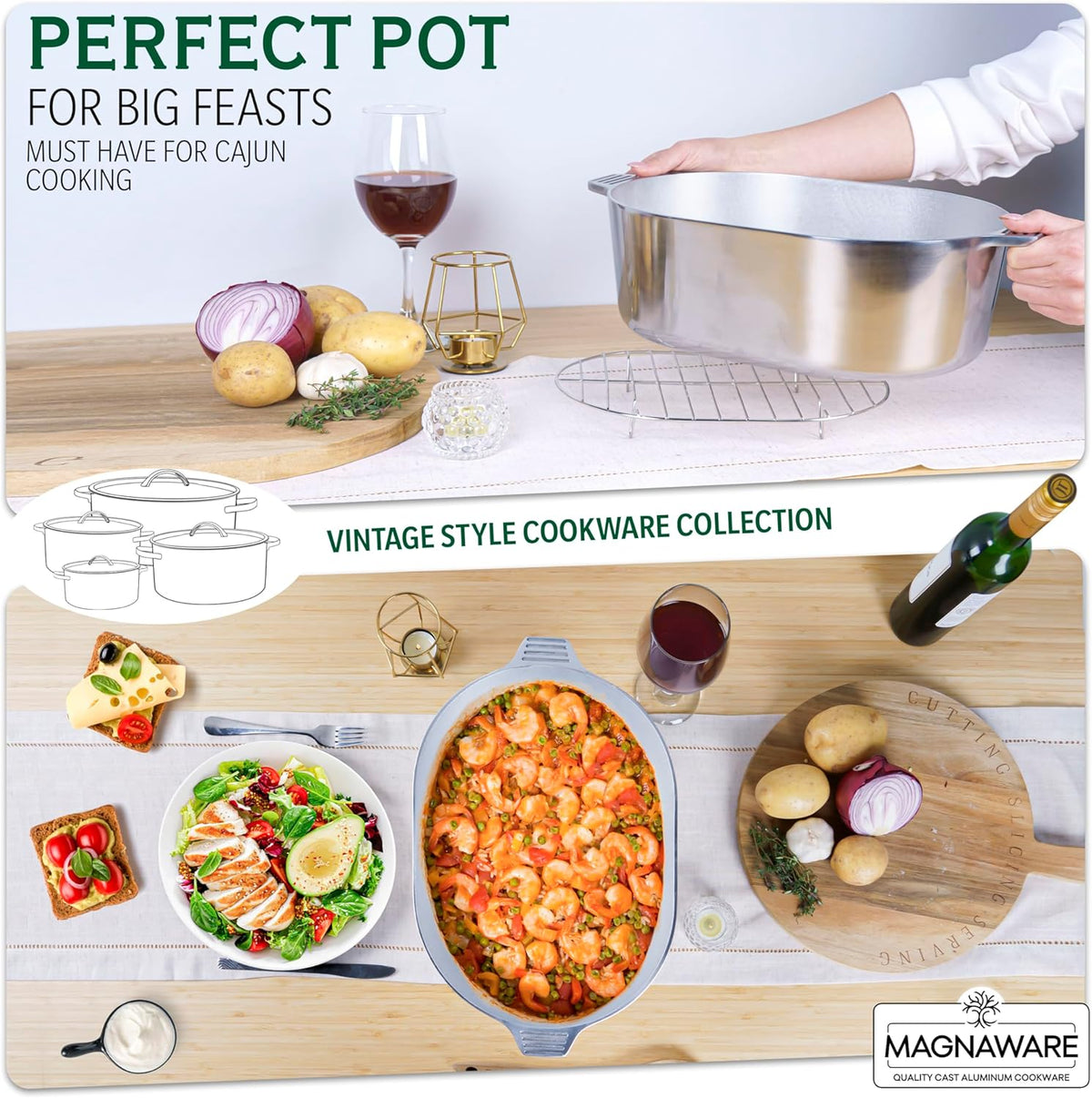 Cast Aluminum Oval Dutch Oven with Lid - 10 QT Heavy Duty & Lightweight Roaster Pan with Rack & Silicone Cover Dual Handles — Cajun Cookware for Roasting, Baking, Cooking (15" - Large)