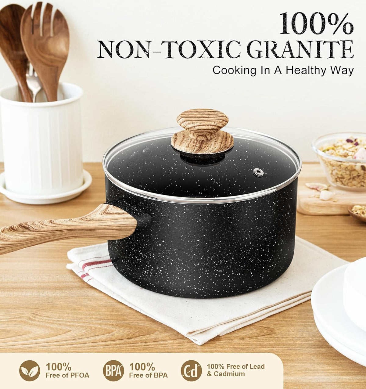 MICHELANGELO Saucepan Set with Lid, Nonstick Sauce Pan with Lid 1QT, 2QT & 3QT, Stone Saucepan Sets, Small Sauce Pot with Lid, Granite Sauce pan 3 Piece, Sauce Pots, Black