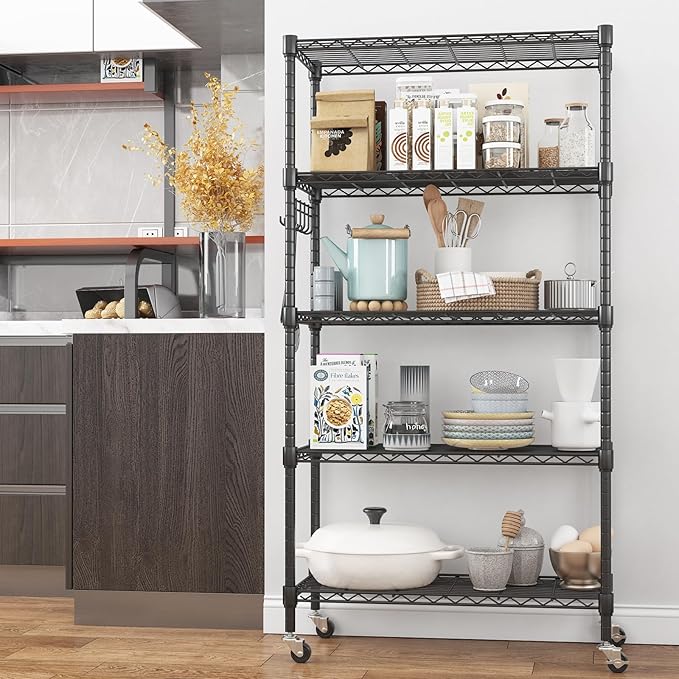 Himimi 5-Tier Storage Shelf Wire Shelving Unit on Wheels Heavy Duty Metal Shelves Adjustable Steel Rack Organization for Kitchen Garage Basement, Black