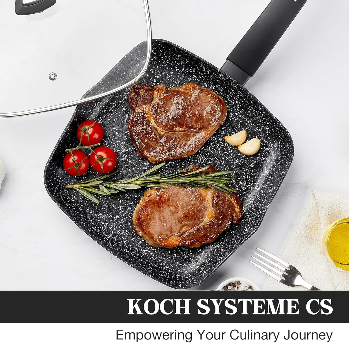 KOCH SYSTEME CS 9.5 Inch Nonstick Grill Pan for Stove Tops, Marble Coating Square Grill Skillet with Lid, Fry Pan Compatible with all Stoves, Ultimate Nonstick Skillet with Bakelite Handle, Toxic-Free
