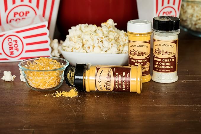 Amish Country Popcorn | Seasoning Variety Pack | 5.5 oz BallPark Style ButterSalt - 4.7 oz Cheddar Cheese & 4.7 oz Sour Cream and Onion Popcorn Seasoning