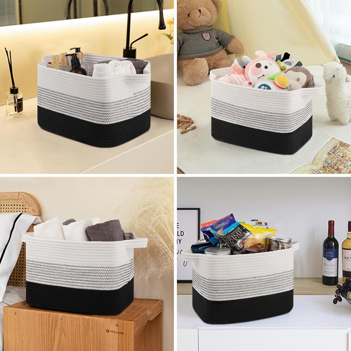 Storage Baskets for Organizing, Woven Baskets for Shelves, Rectangle Decorative Organizer for Storage Clothes, Toy, Books, Towels Nursery Bins 3 Pack (Gradient Black)
